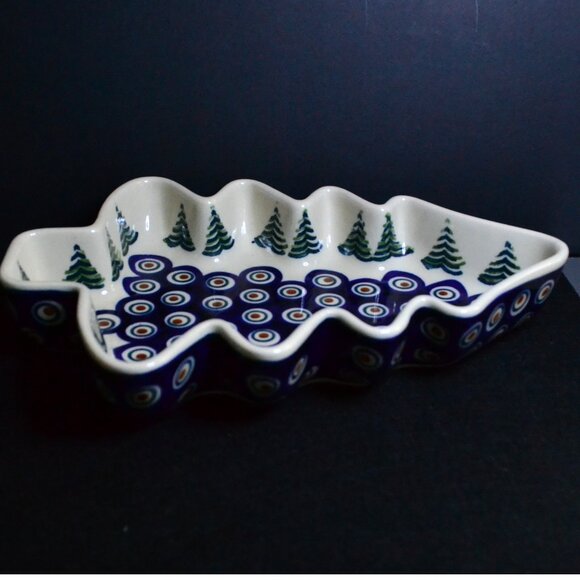 Authentic Boleslawiec Christmas Tree Design Dish Blue Peacock Eye Artisan Named - Picture 2 of 10